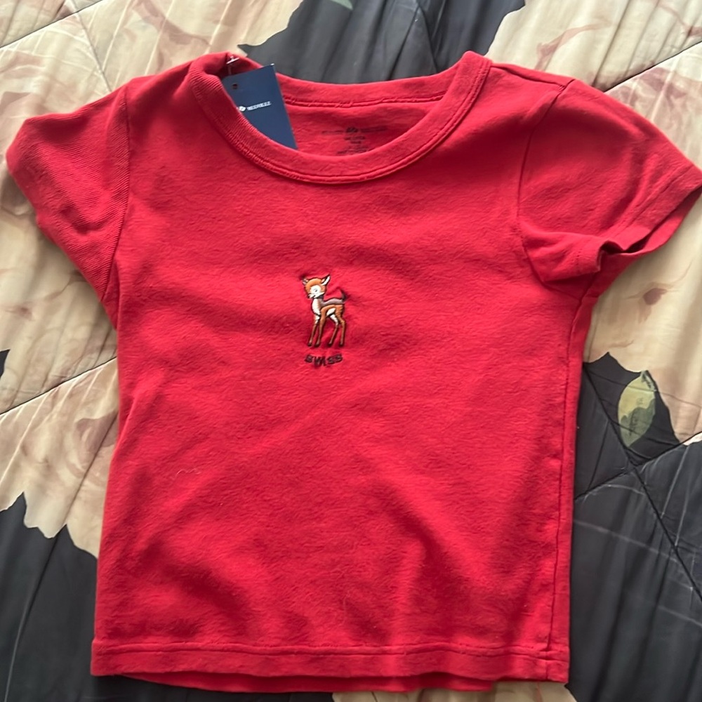 Brandy Melville Red Cropped Swiss Deer T-Shirt One-Size
